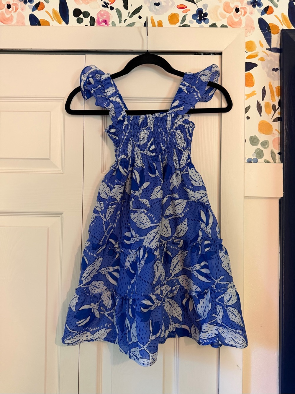 Smocked Blue Leaf-Print Ruffle Strap Dress for Girls